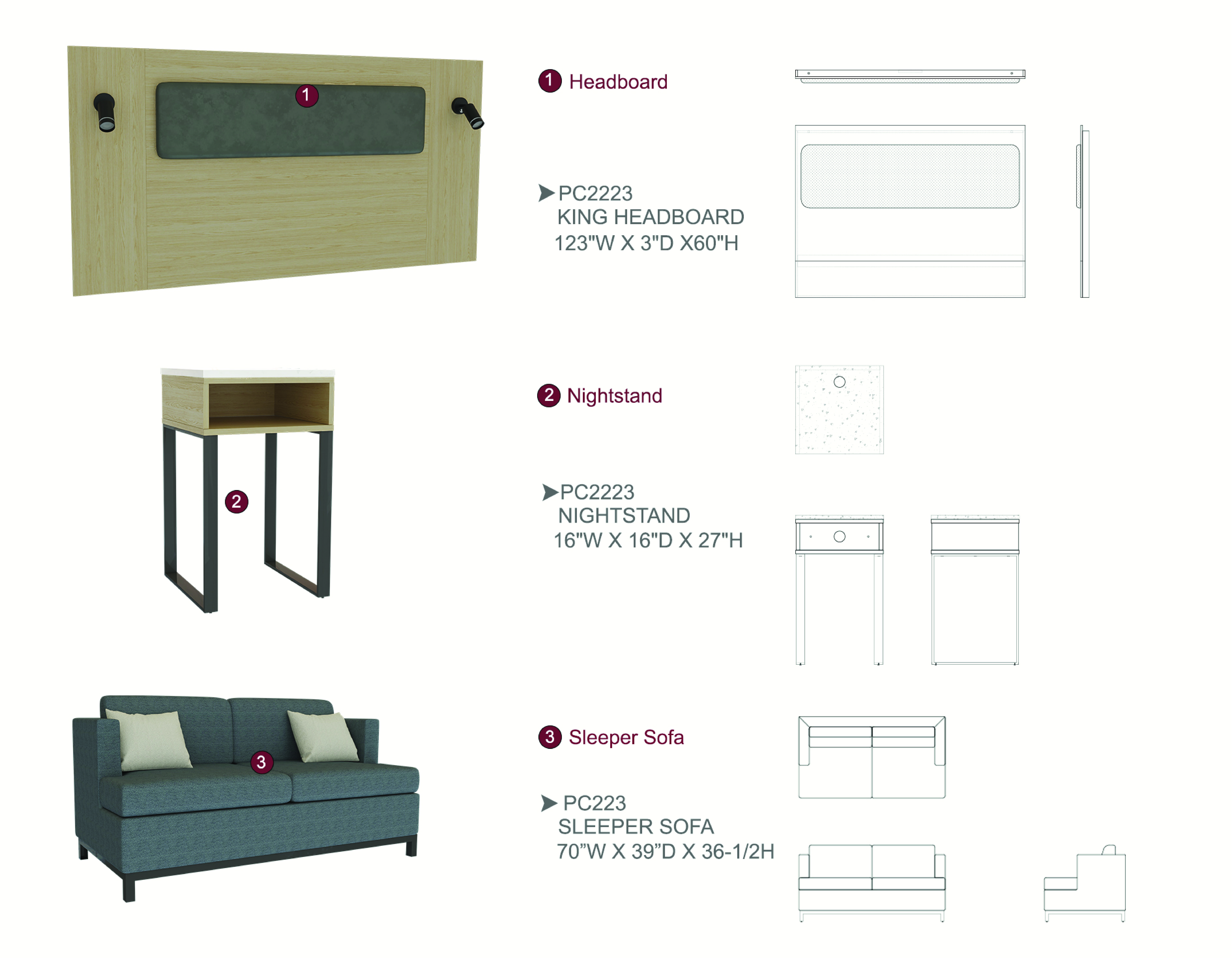 Furniture spec sheet: king headboard, nightstand and sleeper sofa