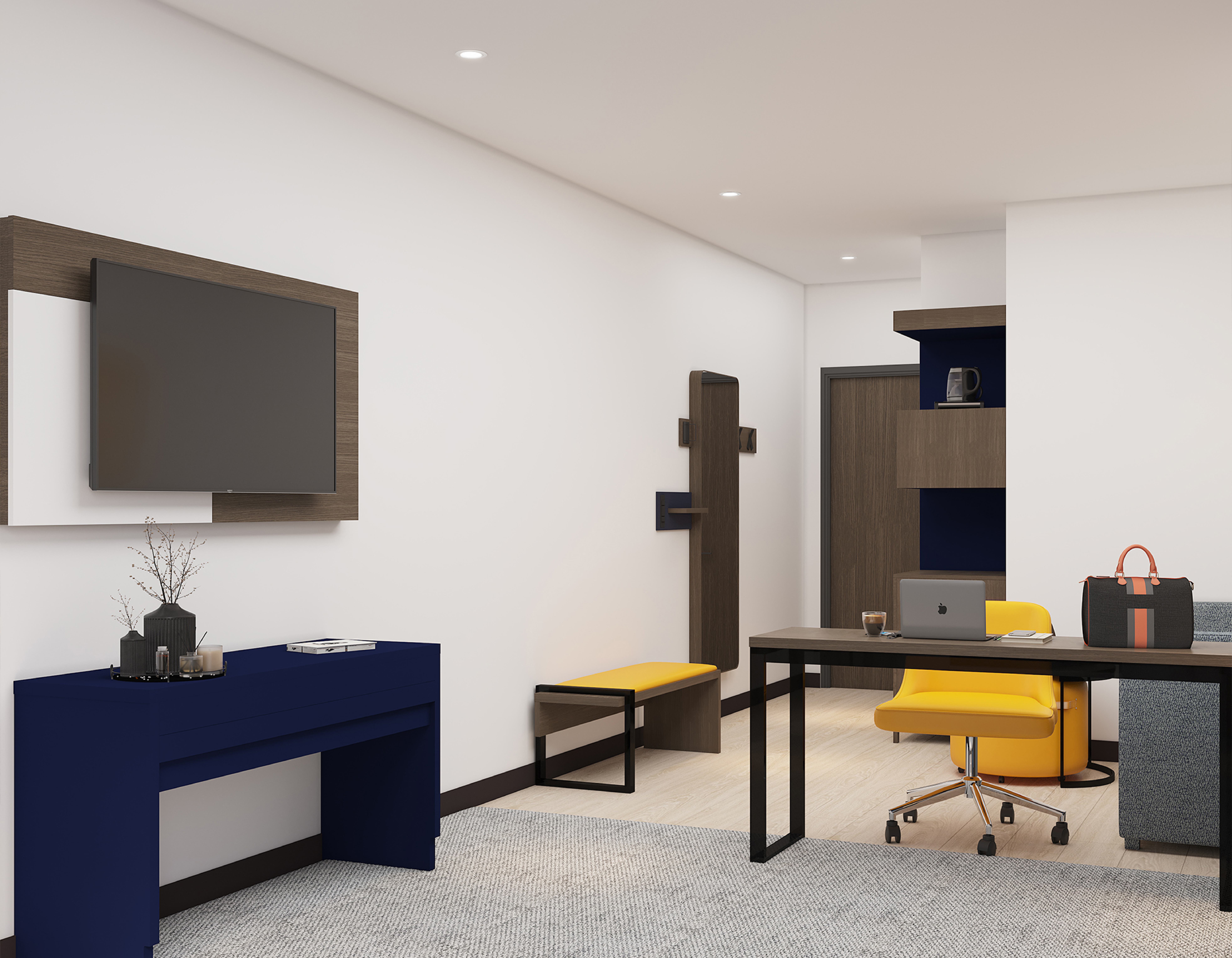 Guest room desk and seating area with accent chair