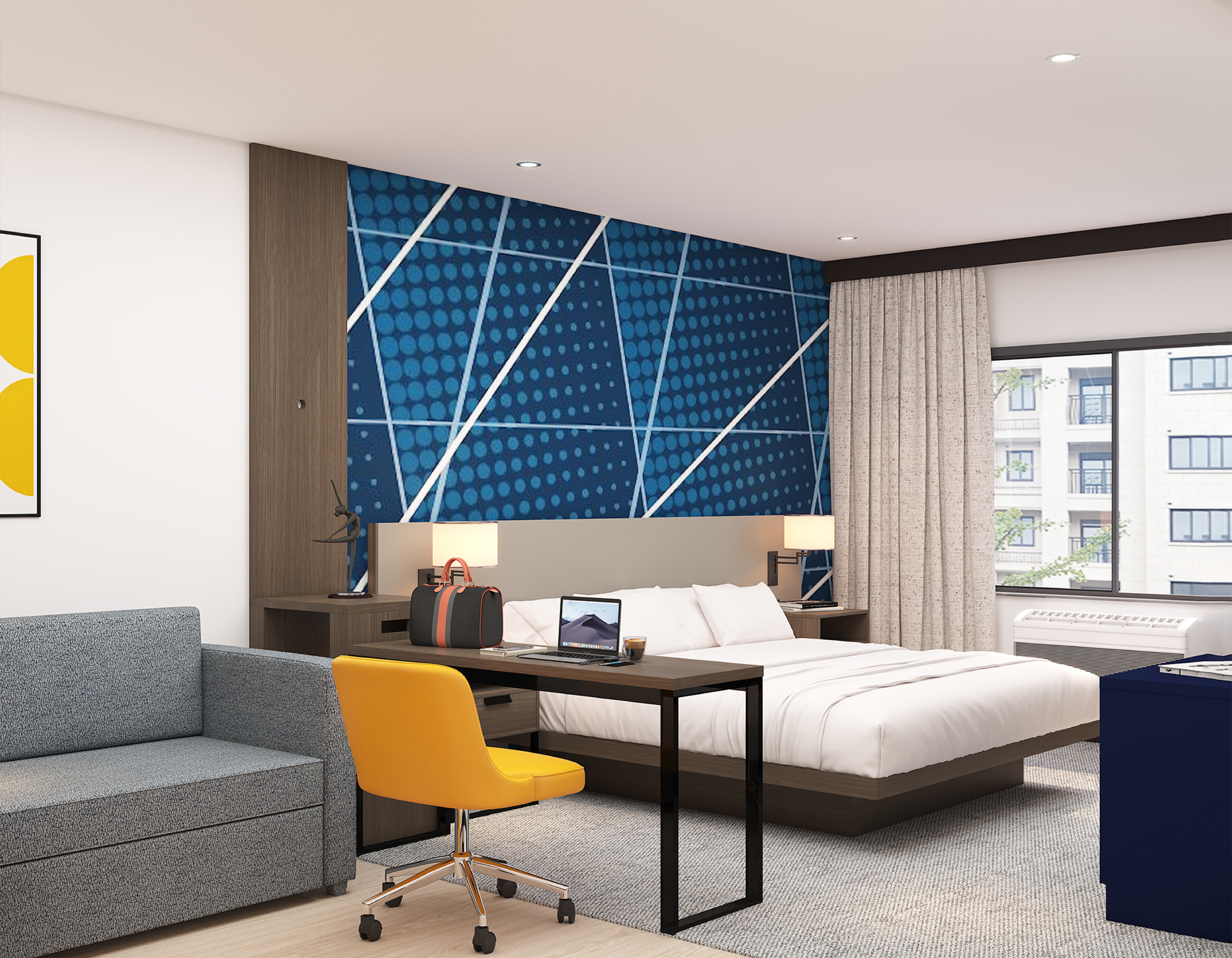 Guest room desk nook with wall-mounted TV panel