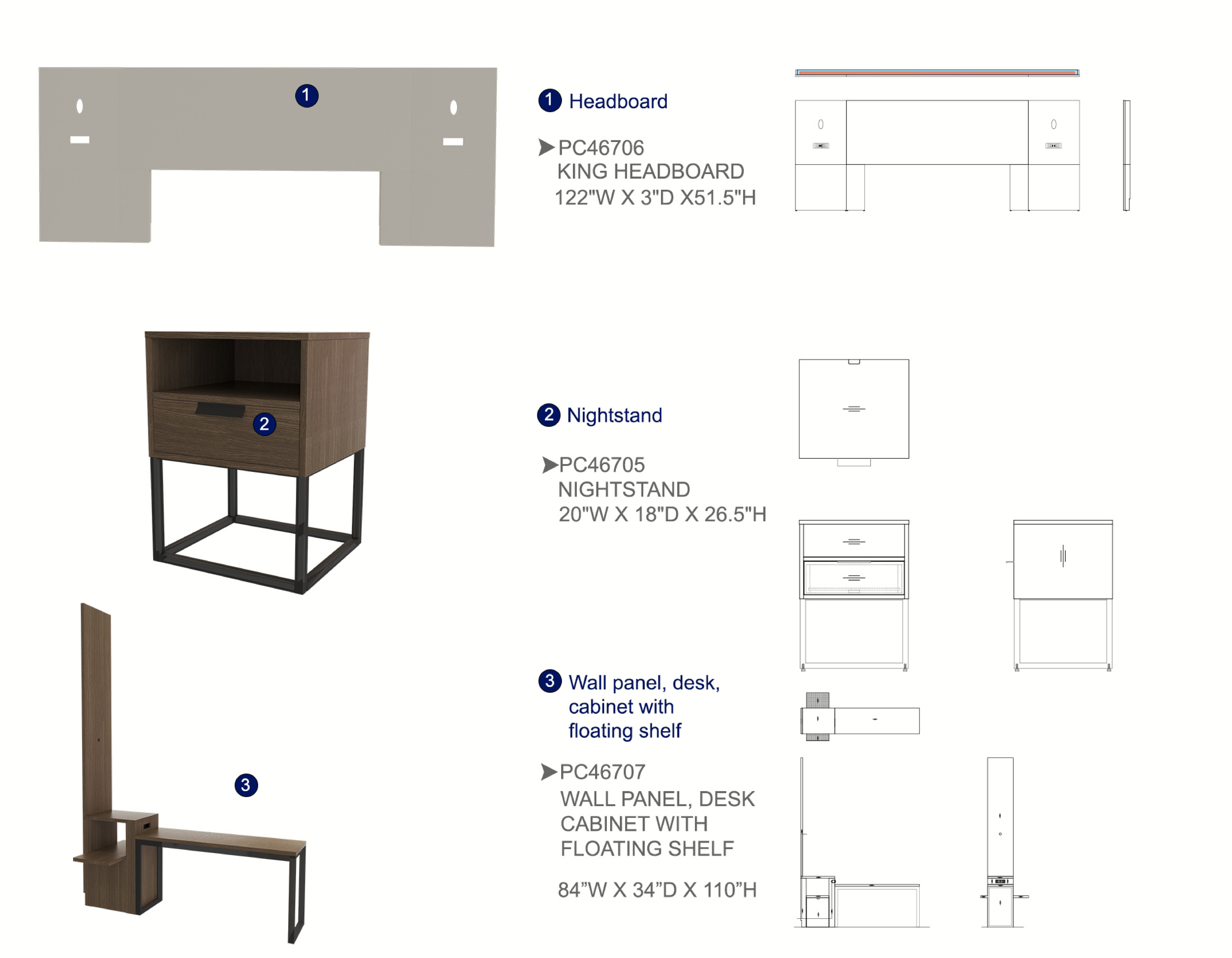Furniture spec sheet: headboard, nightstand and wall panel desk cabinet with floating shelf