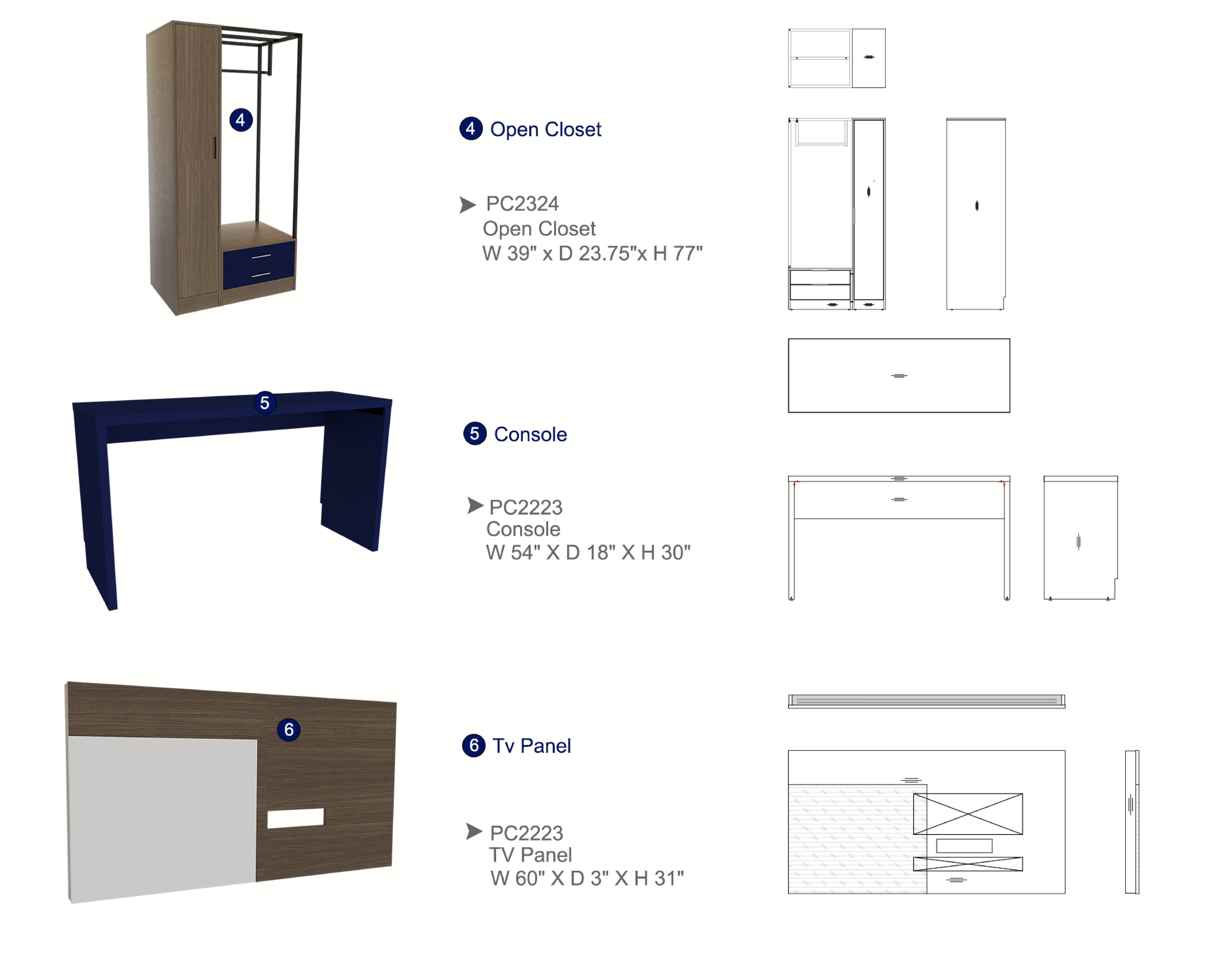 Furniture spec sheet: open closet, console and TV panel