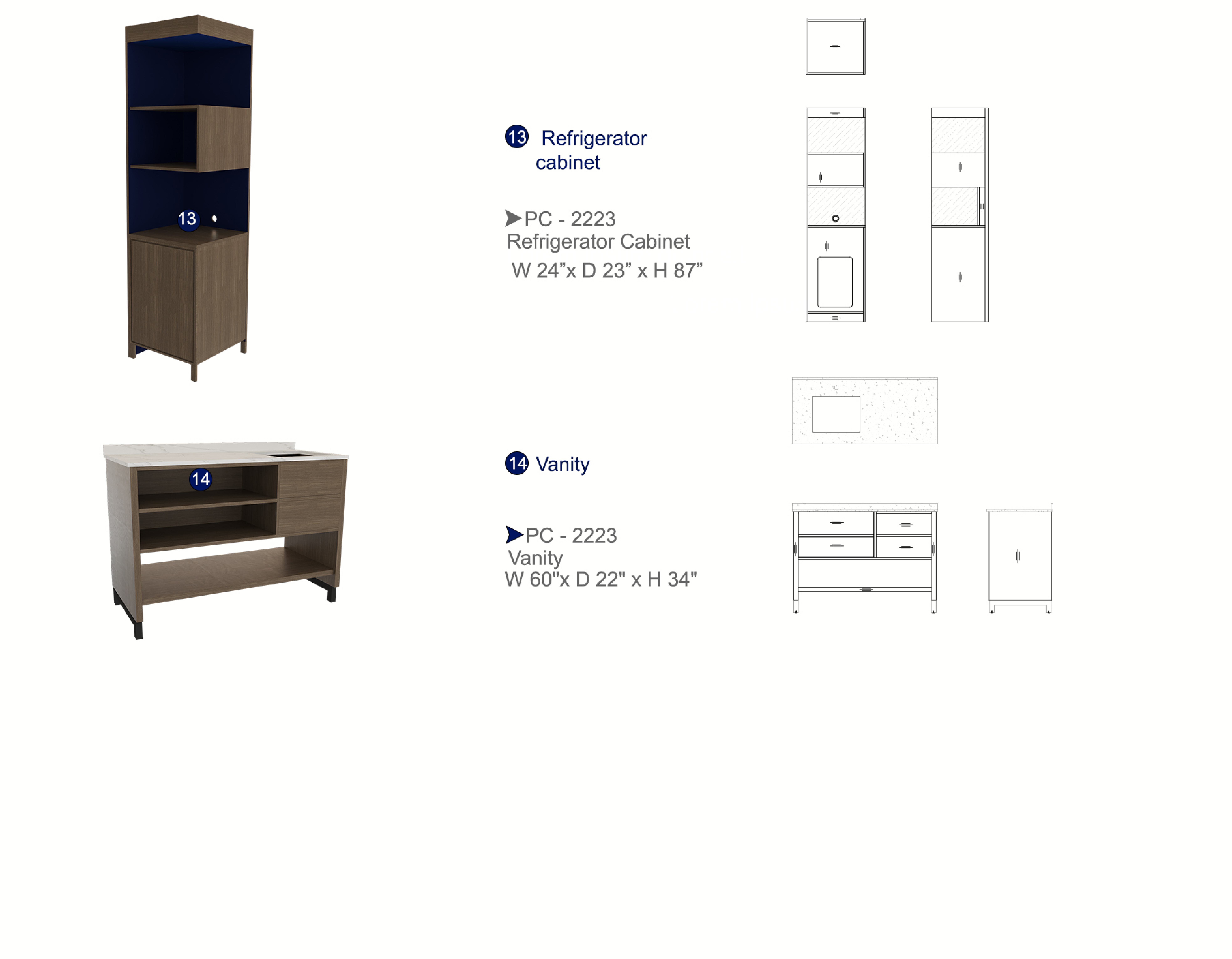 Furniture spec sheet: refrigerator cabinet and vanity