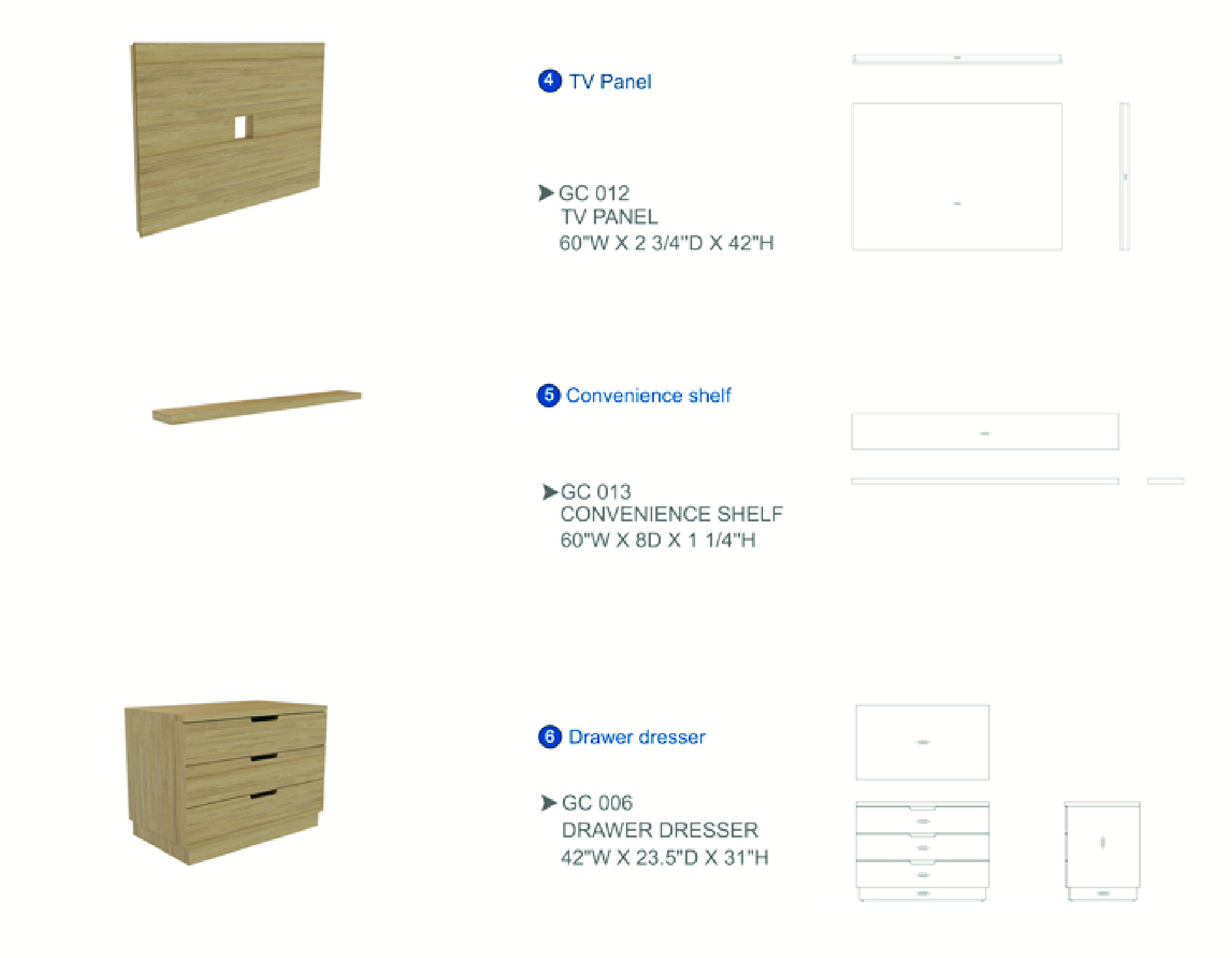 Furniture spec sheet: TV panel, convenience shelf and drawer dresser