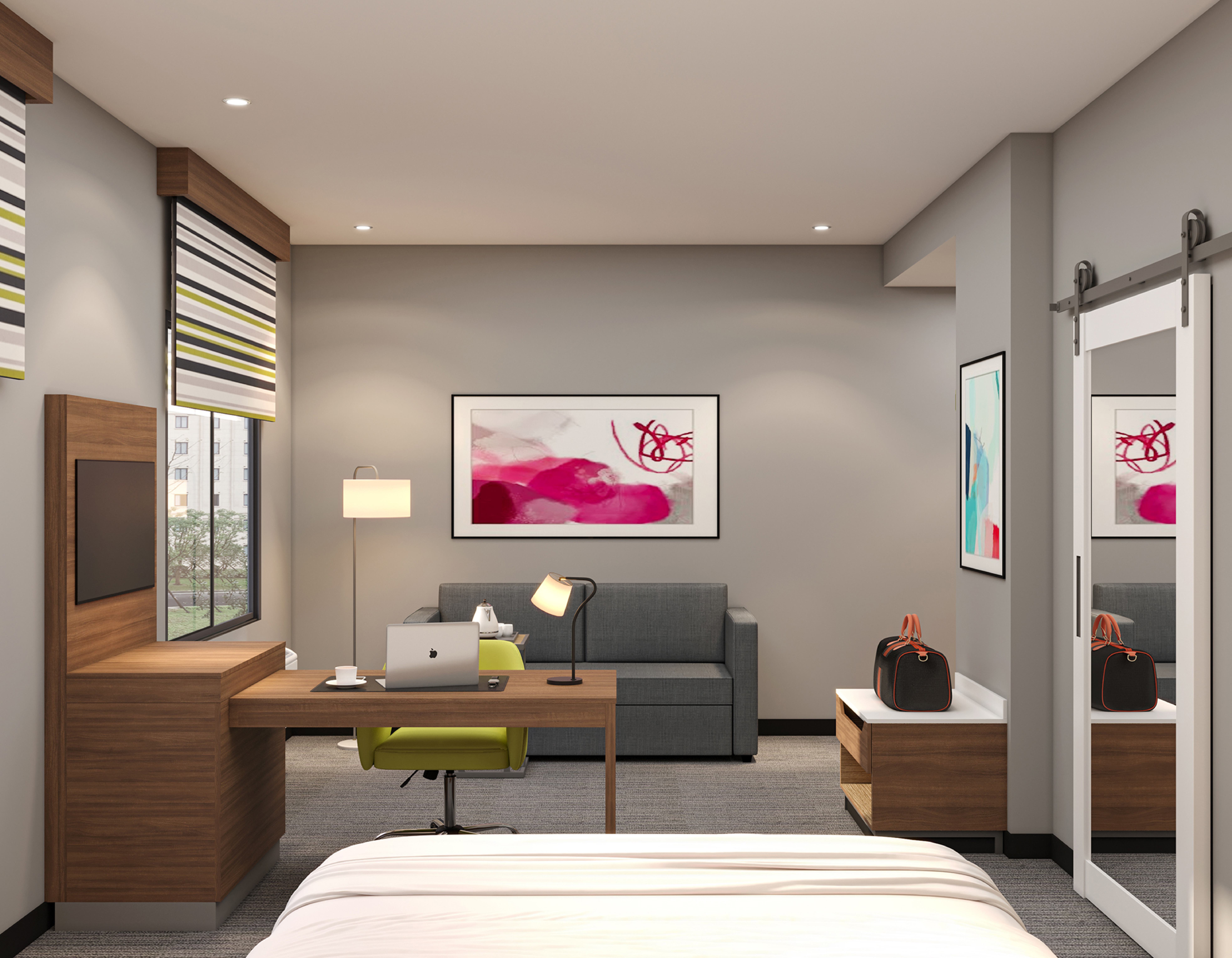 Guest room kitchenette and bathroom vanity area