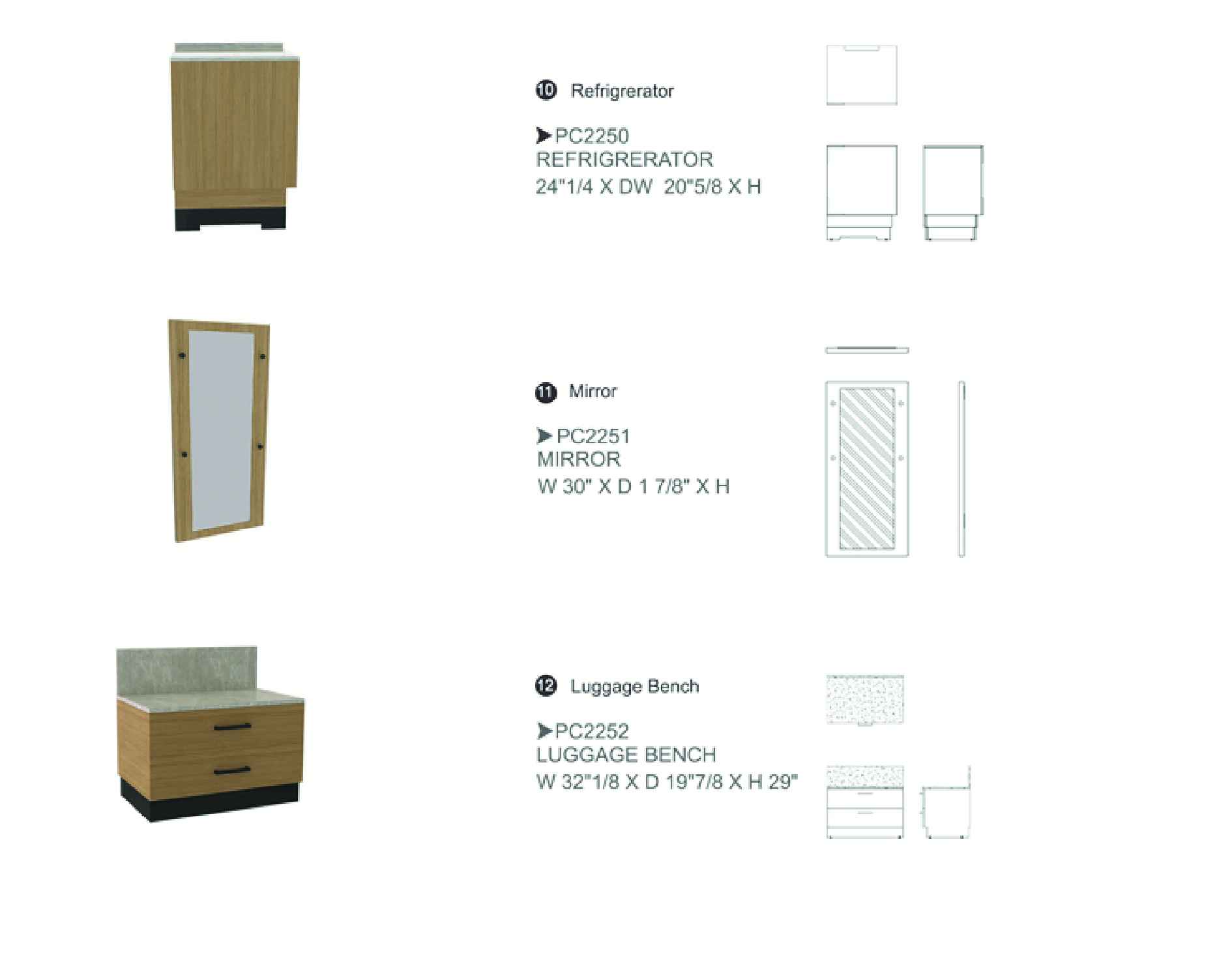 Furniture spec sheet: refrigerator, mirror and luggage bench