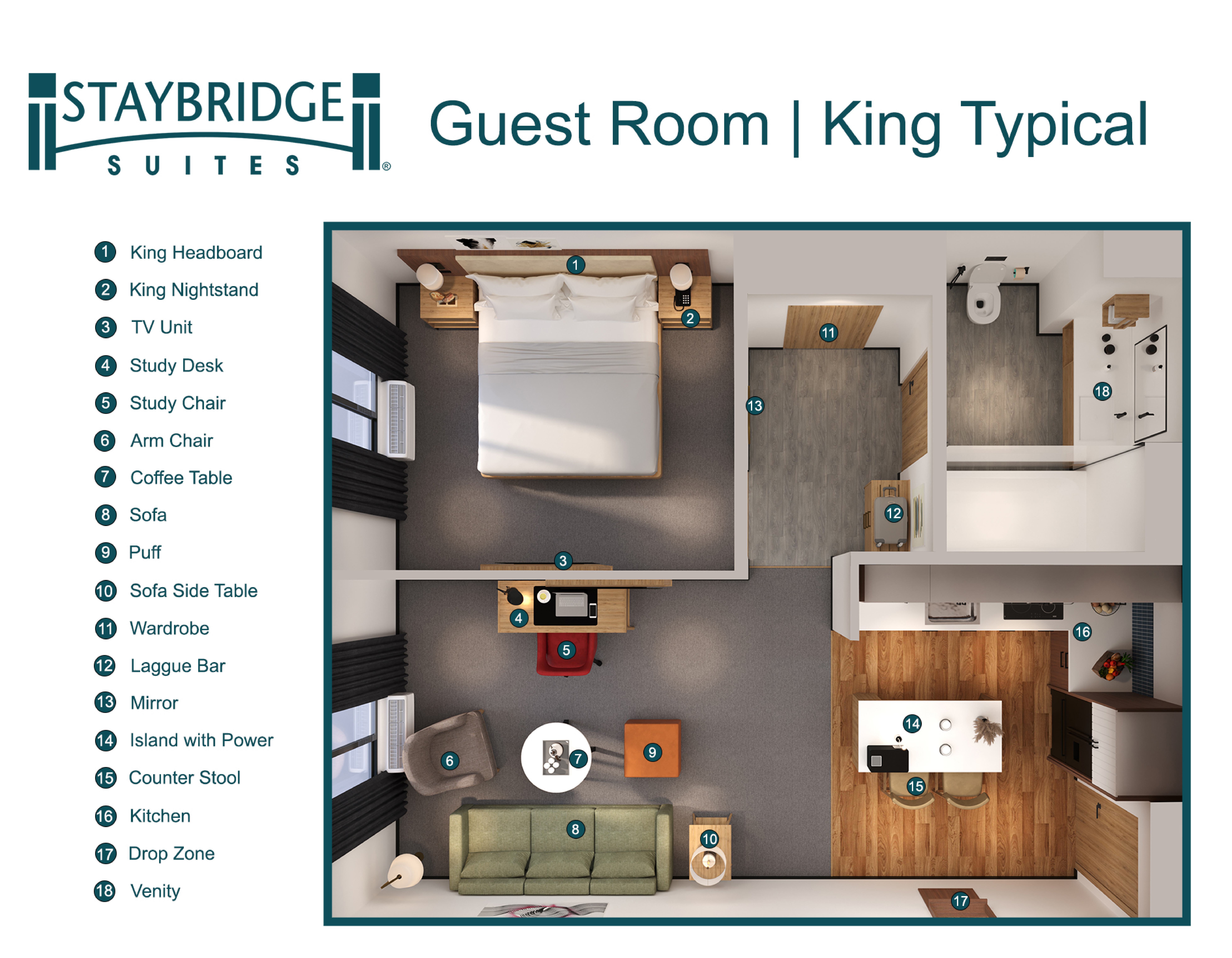 Guest room floor plan with numbered furniture legend