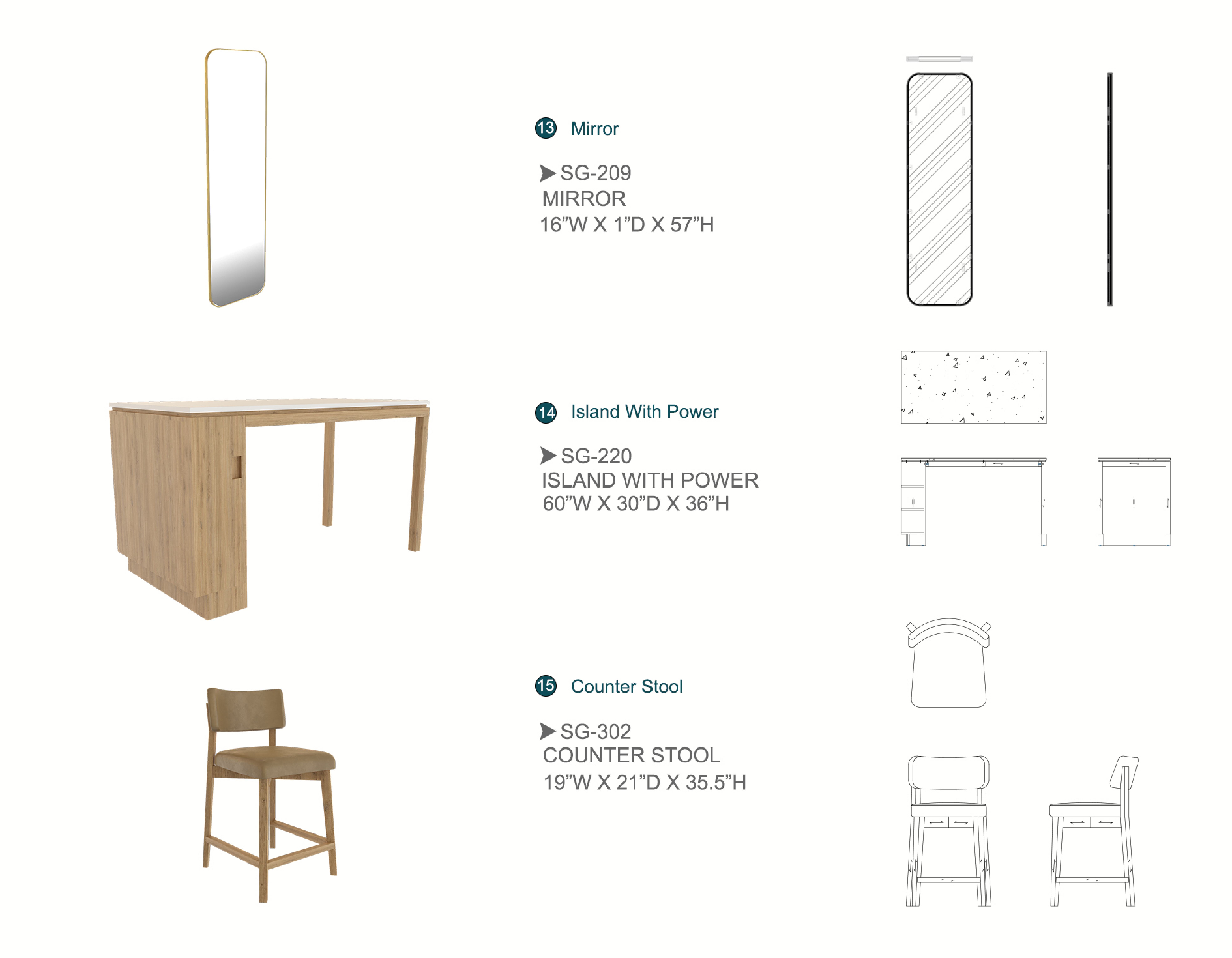 Furniture spec sheet: mirror, island with power and counter stool